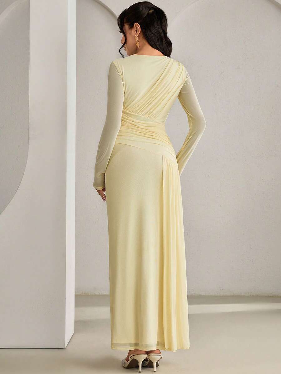SHEIN فستان أنيق بخصر مربوط بلون أوزة صفراء
