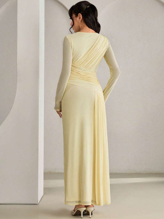SHEIN فستان أنيق بخصر مربوط بلون أوزة صفراء