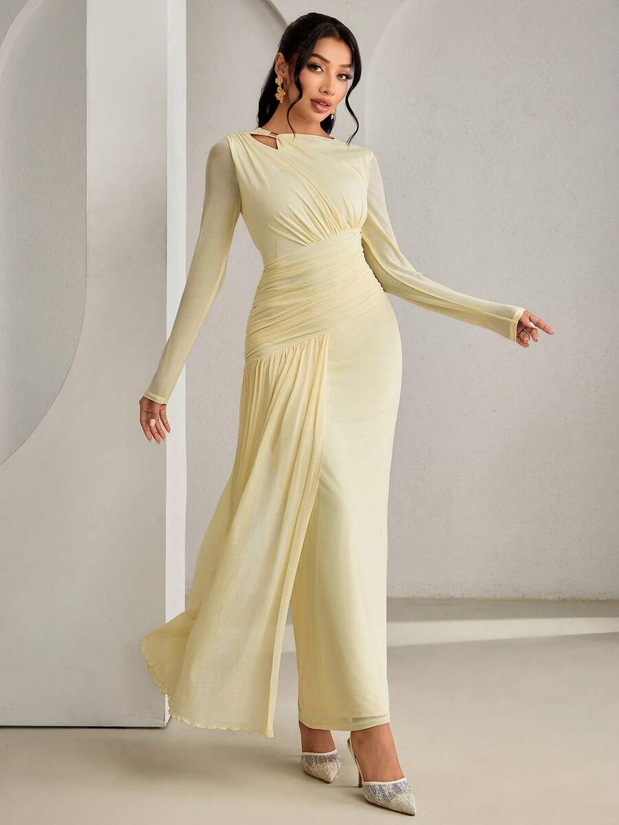 SHEIN فستان أنيق بخصر مربوط بلون أوزة صفراء