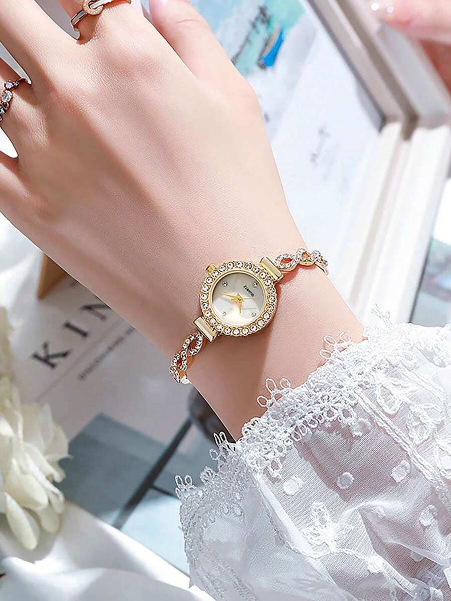 SHEIN ساعة نسائية أنيقة مرصعة بالماس والكريستال وسوار بتصميم موجات ماء