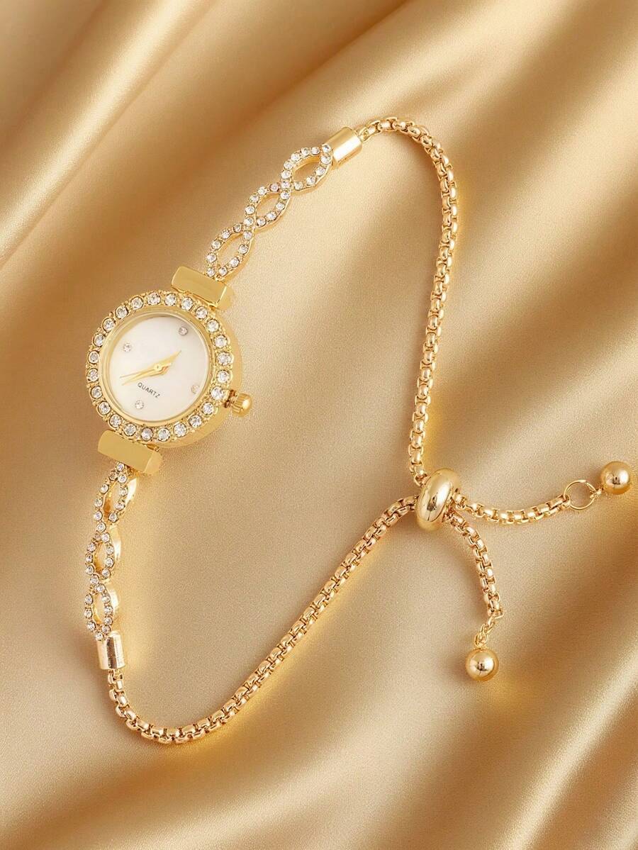 SHEIN ساعة نسائية أنيقة مرصعة بالماس والكريستال وسوار بتصميم موجات ماء