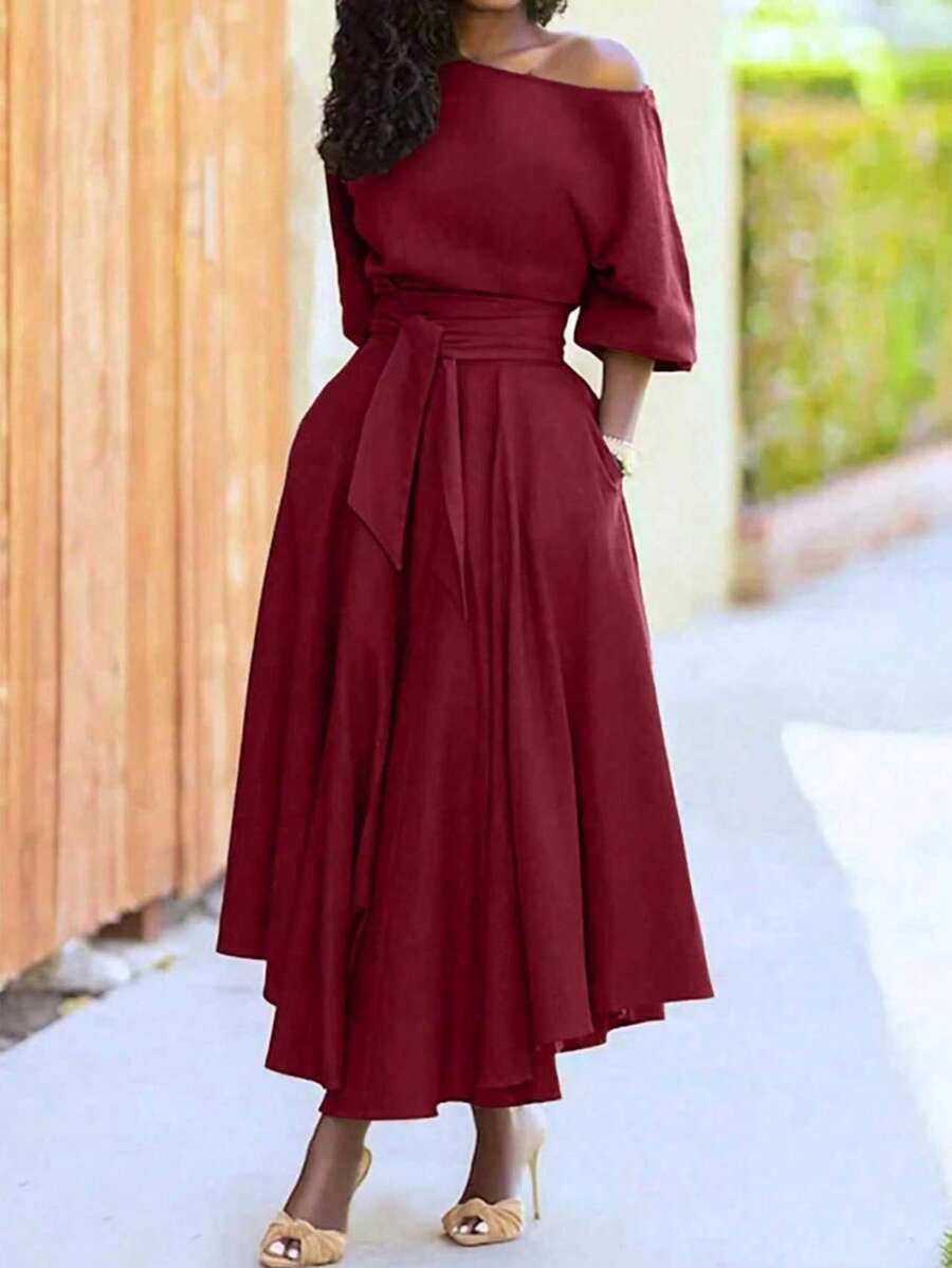 SHEIN فستان عنابي طويل بربطة خصر وكتف مكشوف وحافة غير متماثلة