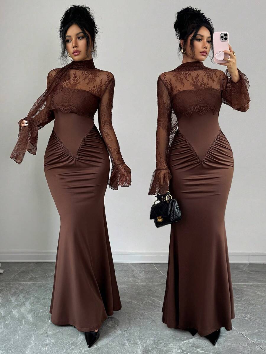 SHEIN Elenzya فستان ماكسي بني بتصميم حورية البحر بذيل طويل