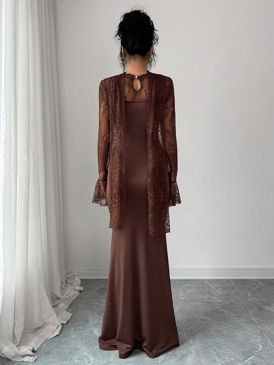 SHEIN Elenzya فستان ماكسي بني بتصميم حورية البحر بذيل طويل