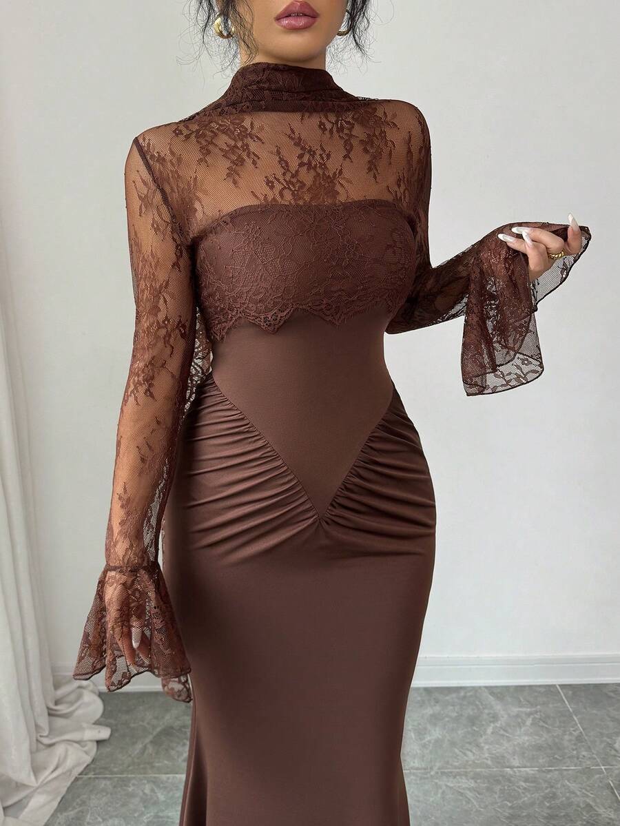 SHEIN Elenzya فستان ماكسي بني بتصميم حورية البحر بذيل طويل