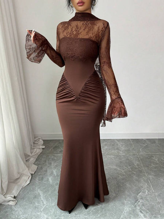 SHEIN Elenzya فستان ماكسي بني بتصميم حورية البحر بذيل طويل