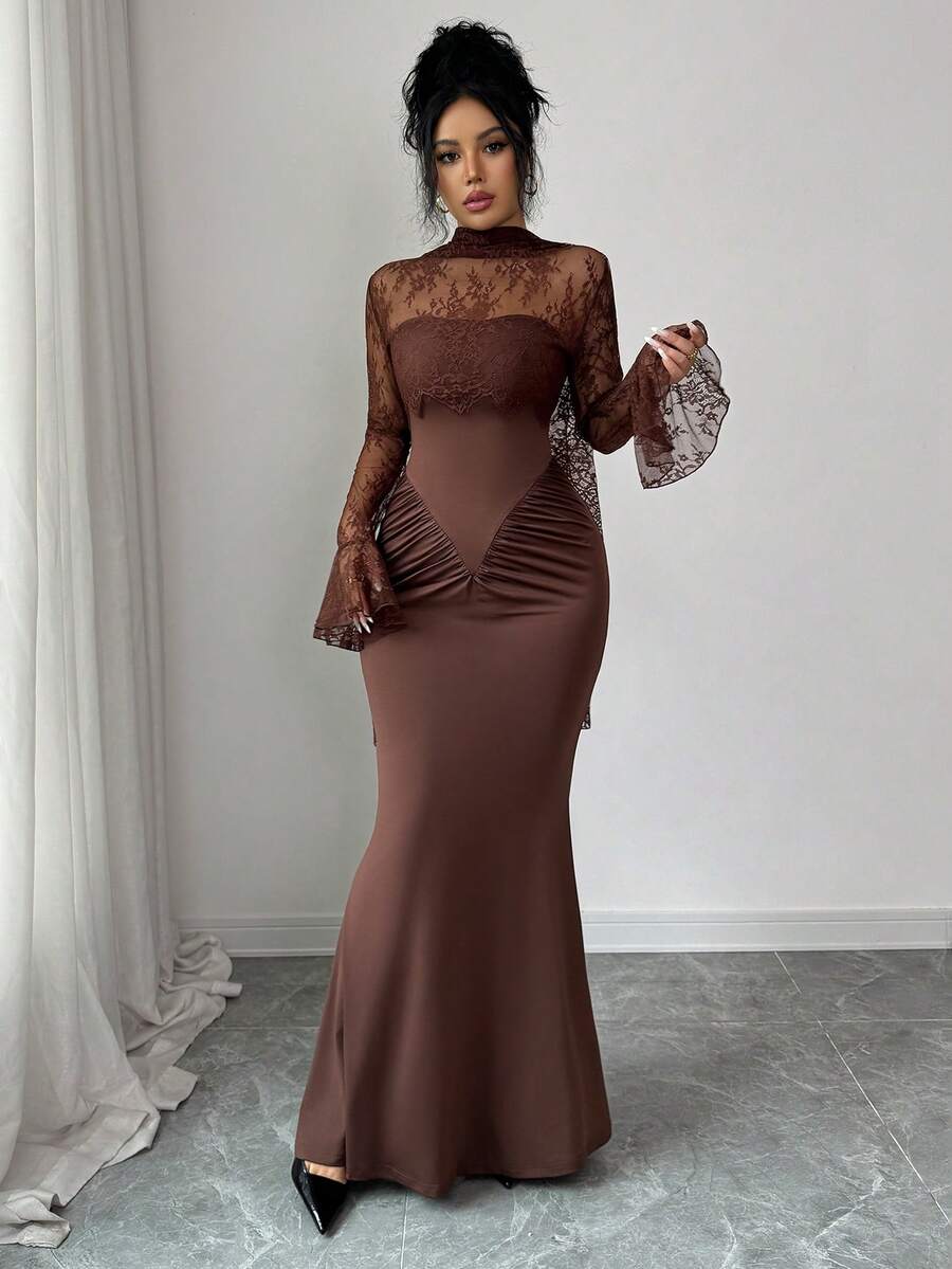 SHEIN Elenzya فستان ماكسي بني بتصميم حورية البحر بذيل طويل