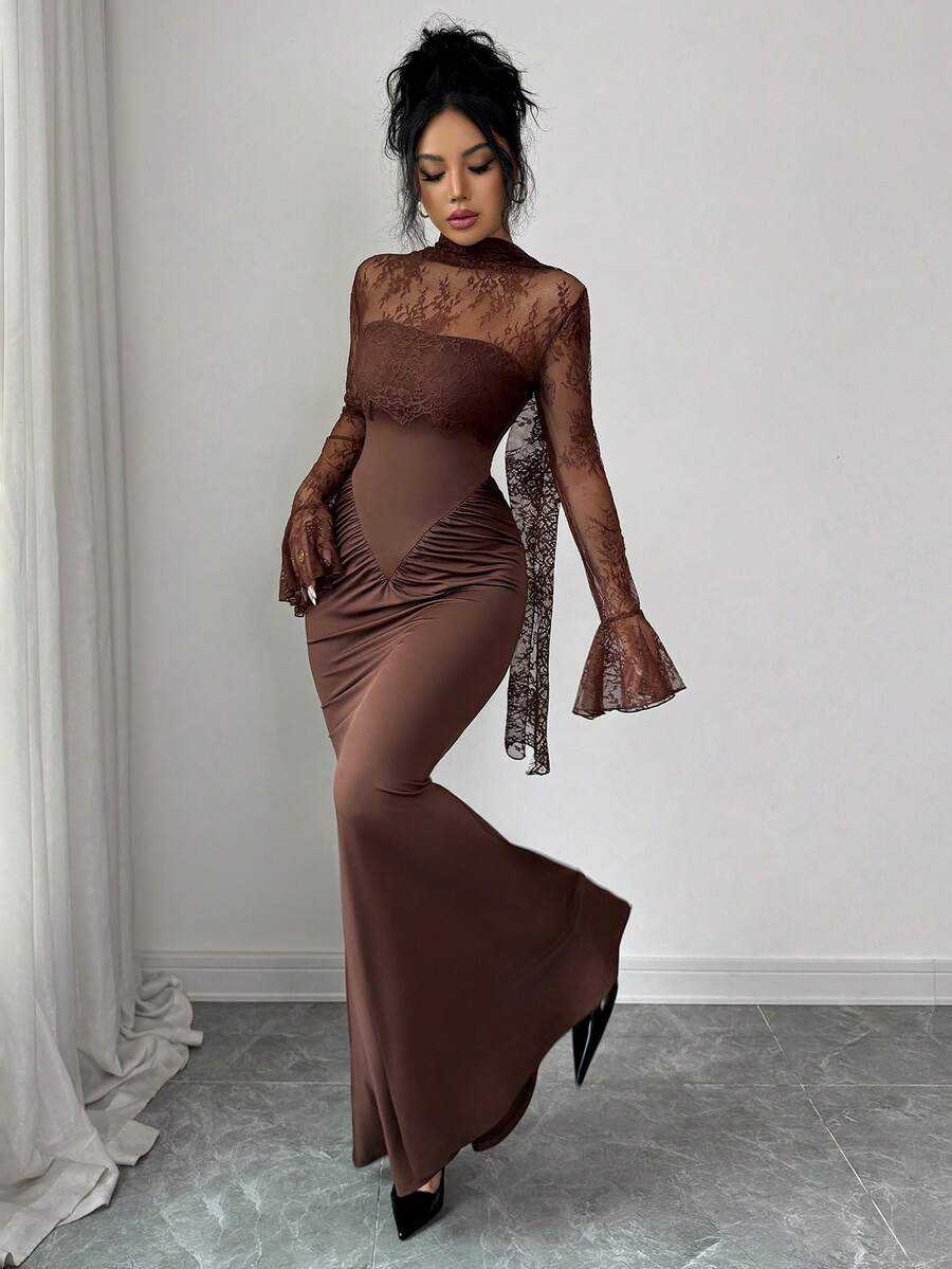 SHEIN Elenzya فستان ماكسي بني بتصميم حورية البحر بذيل طويل