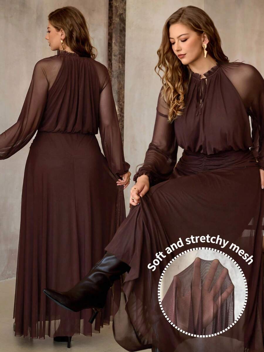 SHEIN Roveilla فستان بني ماكسي شبكي مرن بأكمام راجلان وطيات