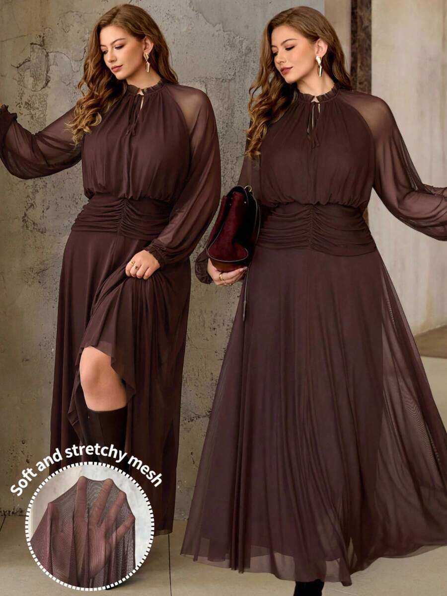 SHEIN Roveilla فستان بني ماكسي شبكي مرن بأكمام راجلان وطيات