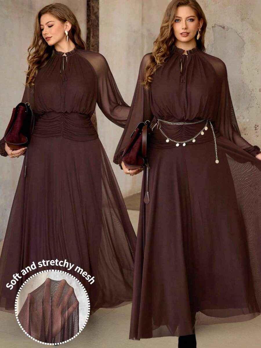 SHEIN Roveilla فستان بني ماكسي شبكي مرن بأكمام راجلان وطيات