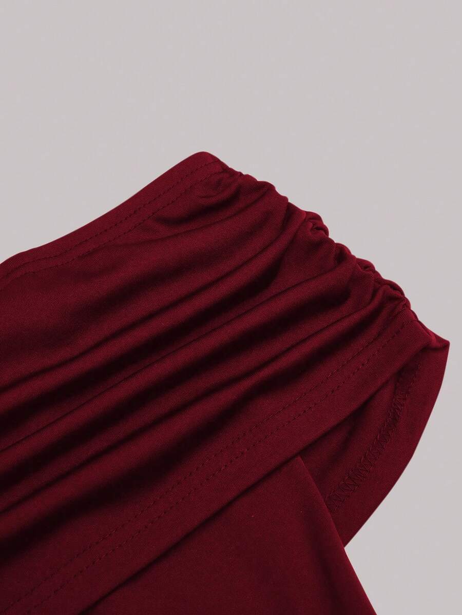 SHEIN Grovea فستان عنابي متوسط الطول بأكتاف منحنية