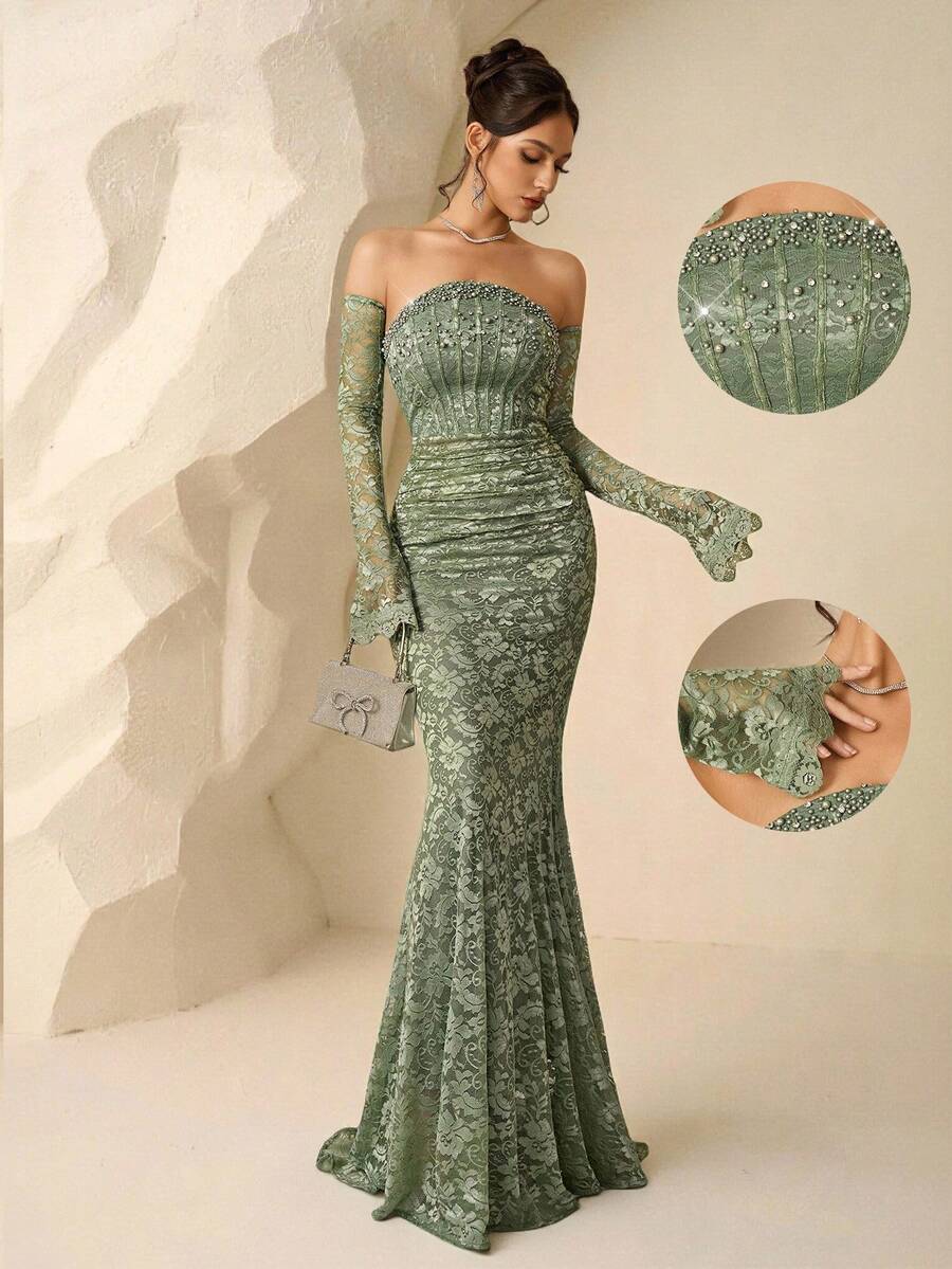 SHEIN Coutiva فستان سهرة فاخر راقي بلون العشب الأخضر