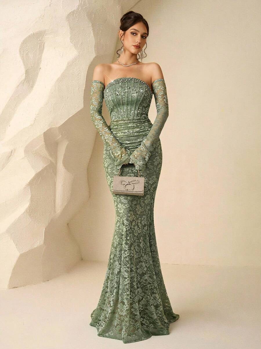 SHEIN Coutiva فستان سهرة فاخر راقي بلون العشب الأخضر