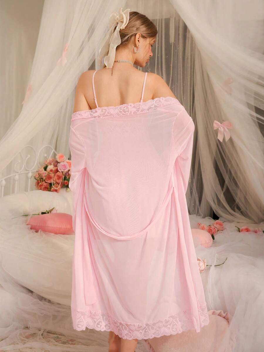 SHEIN DelicateAllure فستان نوم وردي من الدانتيل وروب أنيق