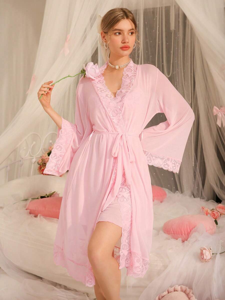 SHEIN DelicateAllure فستان نوم وردي من الدانتيل وروب أنيق