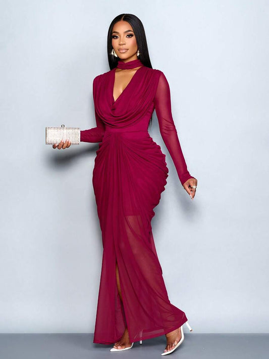 SHEIN SOLERSUN فستان شبك بأكمام طويلة وياقة منسدلة وخصر مطوي