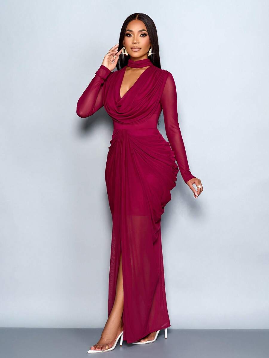 SHEIN SOLERSUN فستان شبك بأكمام طويلة وياقة منسدلة وخصر مطوي