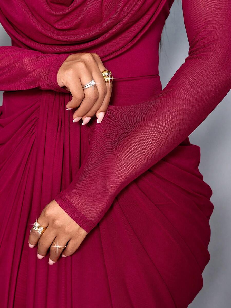 SHEIN SOLERSUN فستان شبك بأكمام طويلة وياقة منسدلة وخصر مطوي