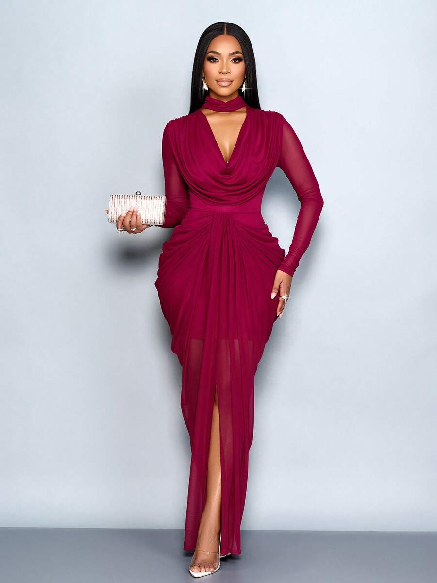 SHEIN SOLERSUN فستان شبك بأكمام طويلة وياقة منسدلة وخصر مطوي