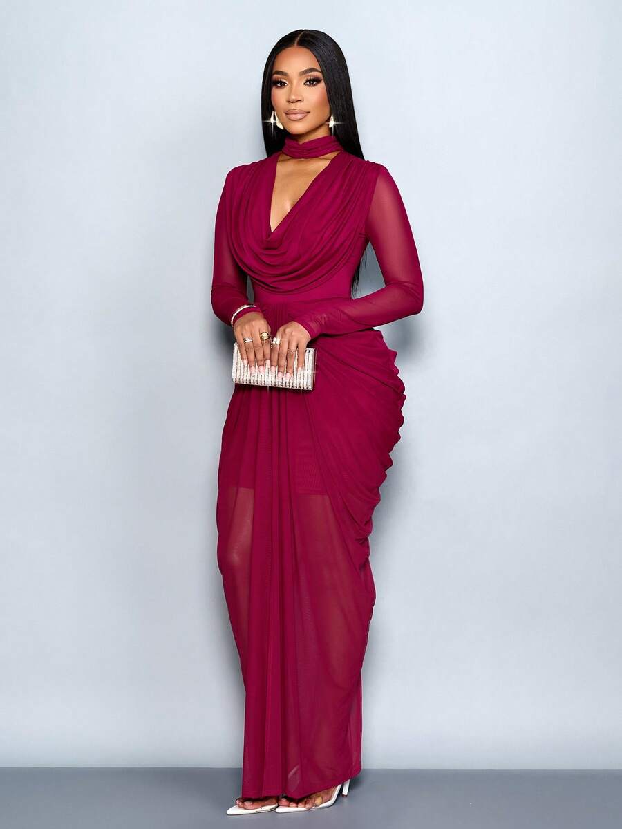 SHEIN SOLERSUN فستان شبك بأكمام طويلة وياقة منسدلة وخصر مطوي