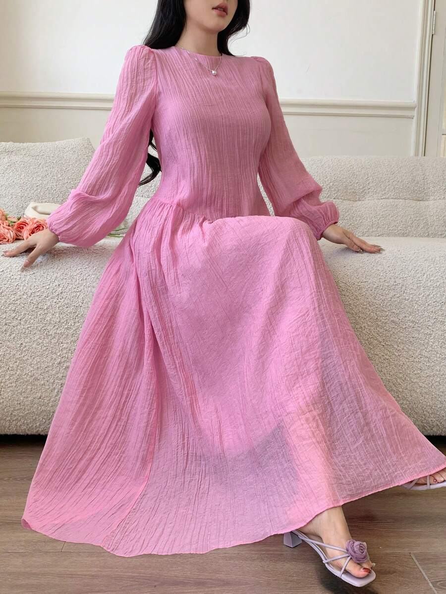 SHEIN Solavon فستان كاجوال بأكمام فانوس واسعة بلون وردي فاتح