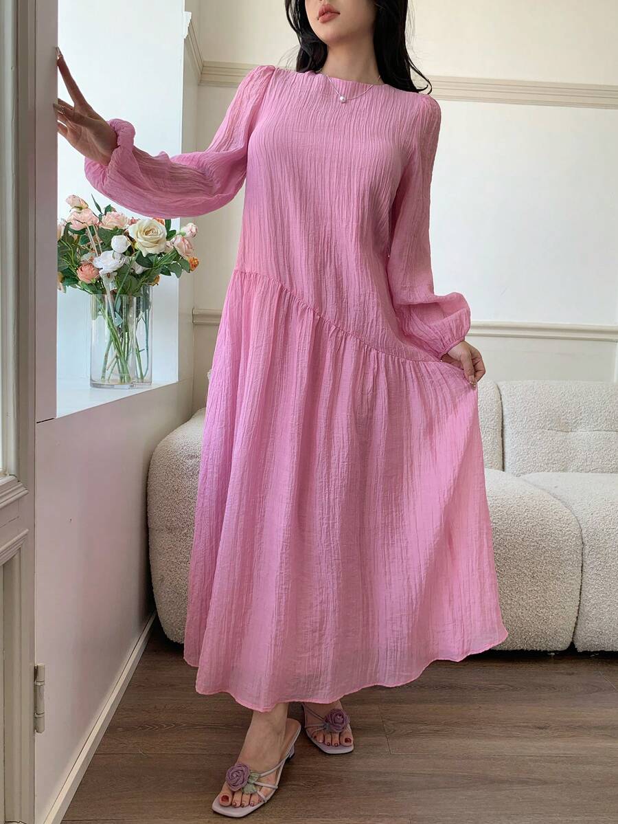 SHEIN Solavon فستان كاجوال بأكمام فانوس واسعة بلون وردي فاتح