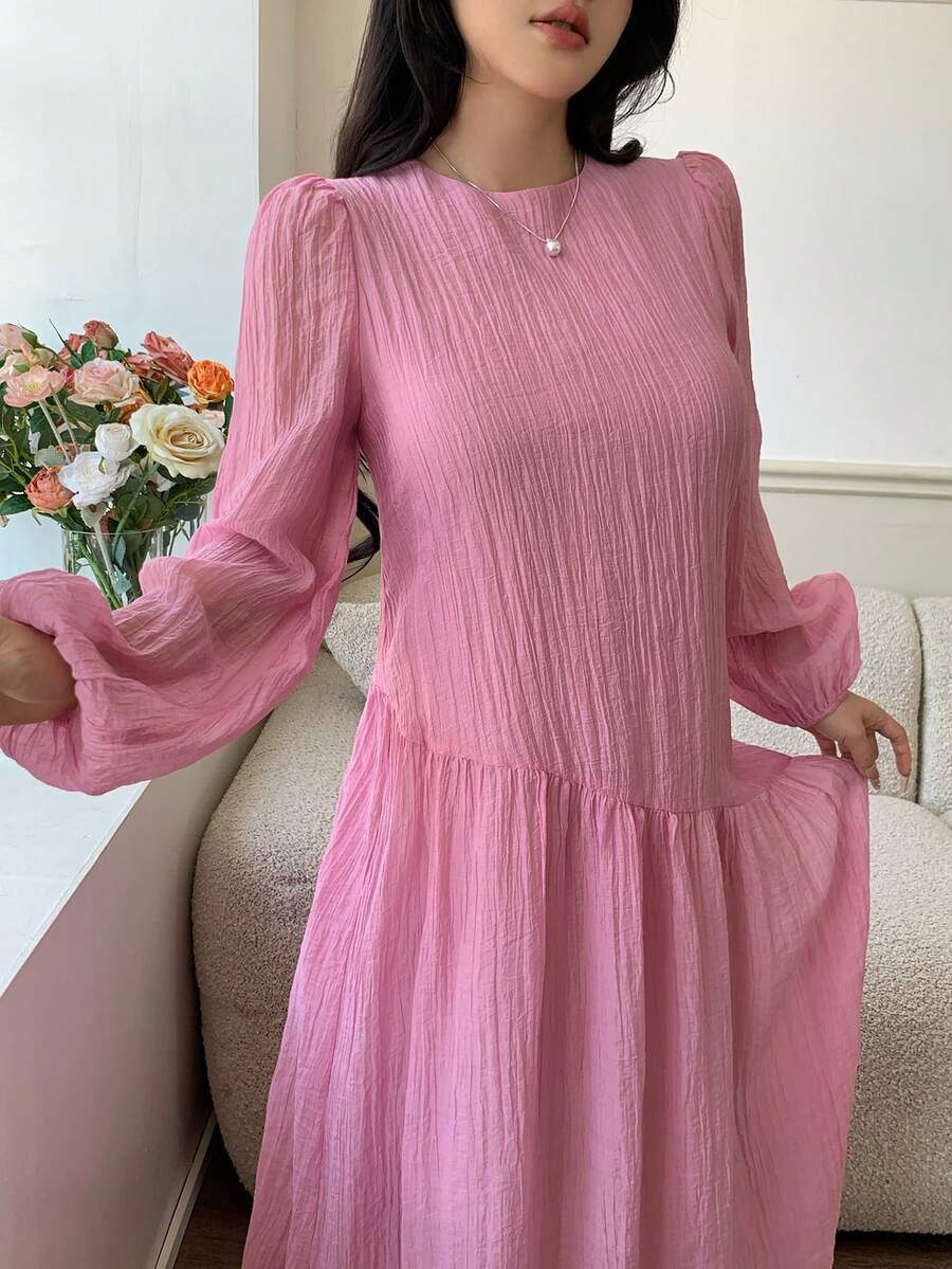 SHEIN Solavon فستان كاجوال بأكمام فانوس واسعة بلون وردي فاتح