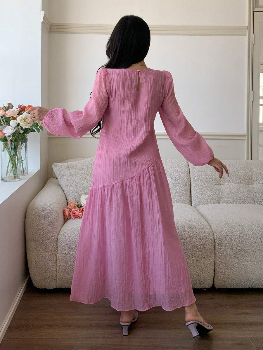 SHEIN Solavon فستان كاجوال بأكمام فانوس واسعة بلون وردي فاتح