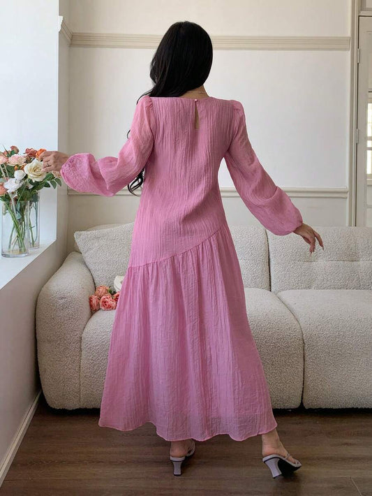SHEIN Solavon فستان كاجوال بأكمام فانوس واسعة بلون وردي فاتح
