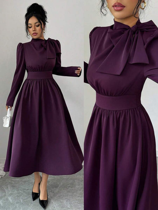 SHEIN Rafferiza فستان أرجواني بأكمام طويلة وياقة ربطة عنق وخصر مربوط