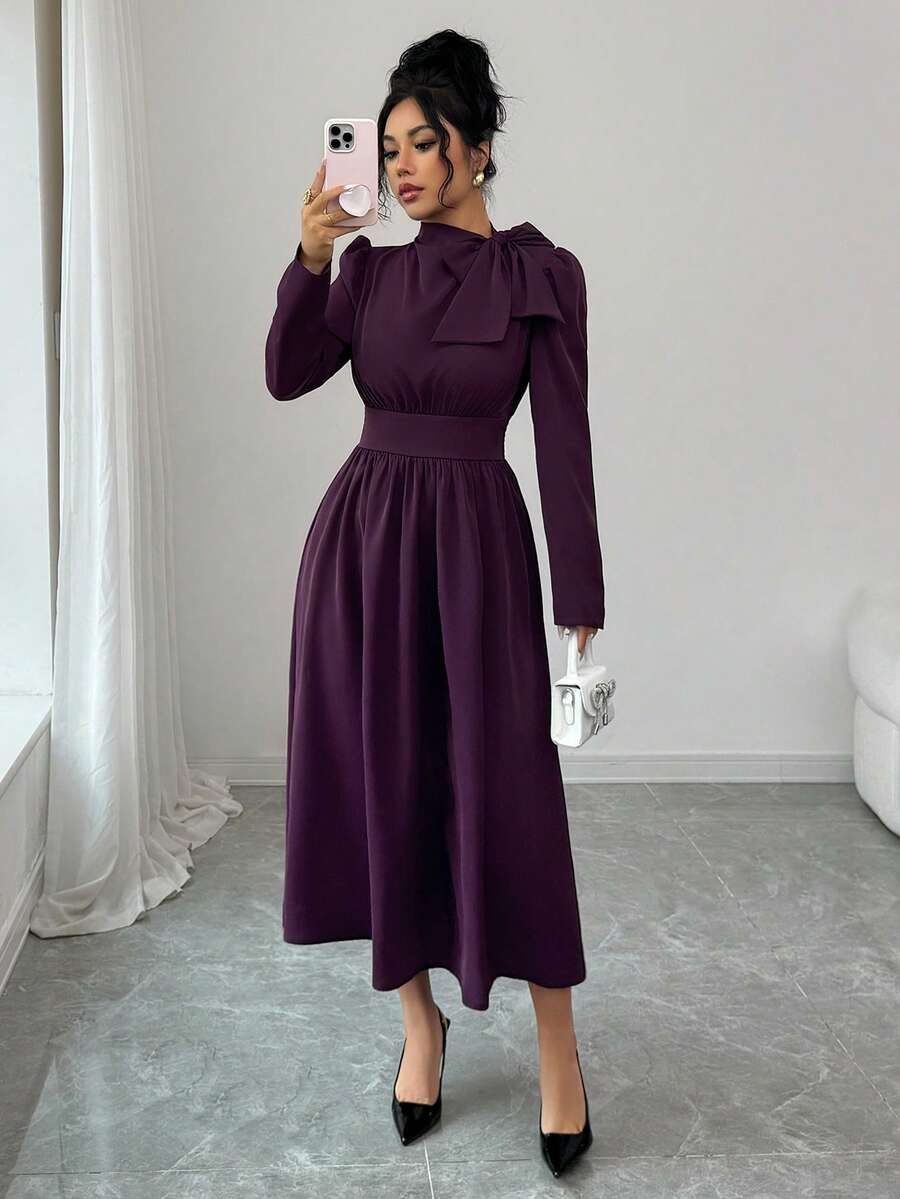 SHEIN Rafferiza فستان أرجواني بأكمام طويلة وياقة ربطة عنق وخصر مربوط