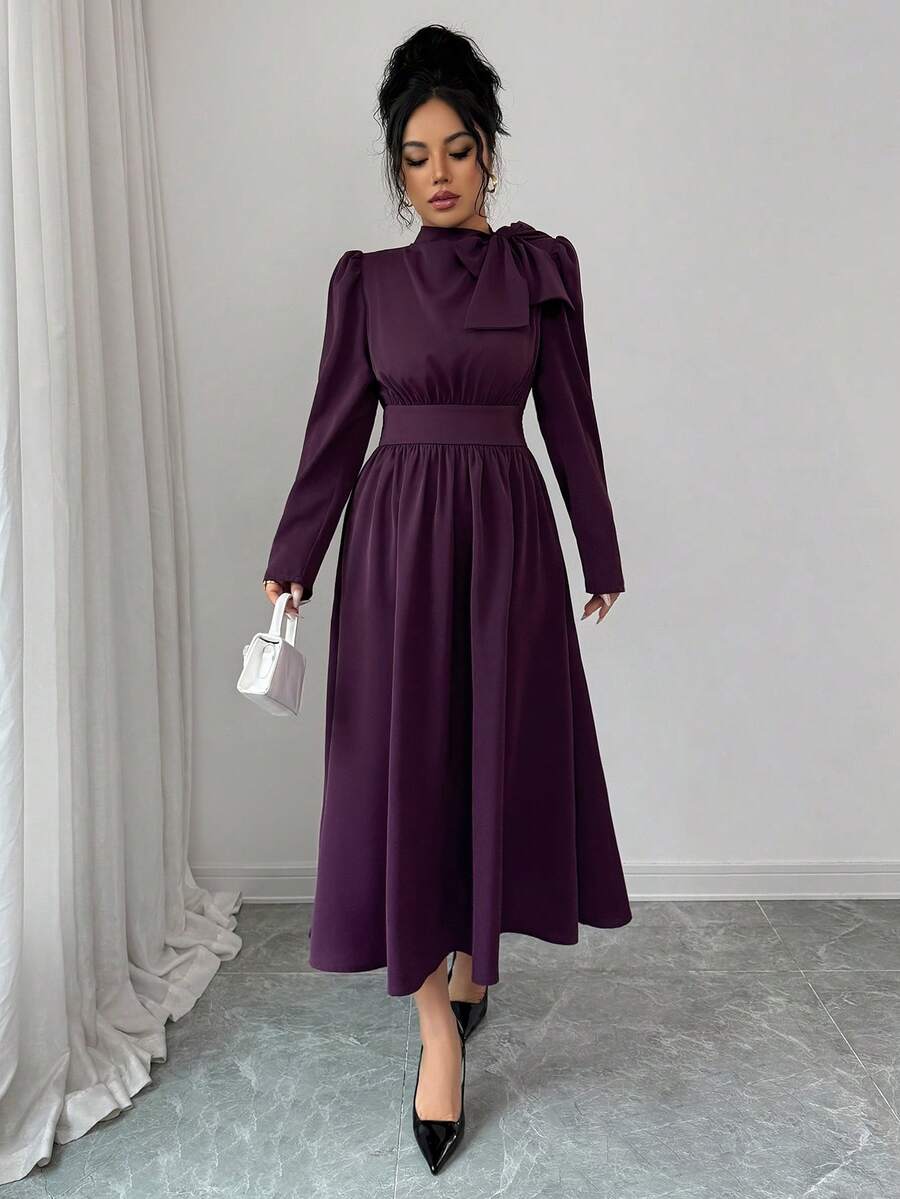 SHEIN Rafferiza فستان أرجواني بأكمام طويلة وياقة ربطة عنق وخصر مربوط