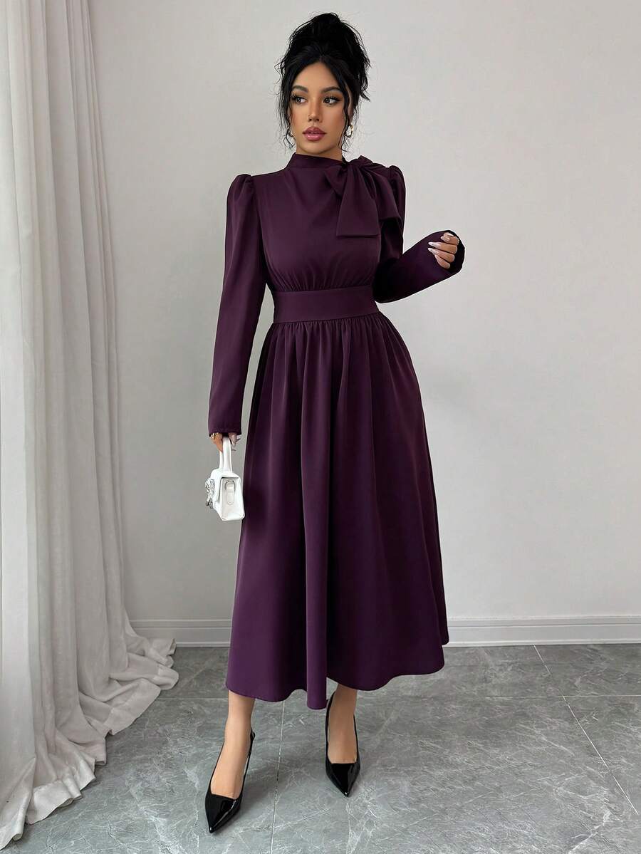 SHEIN Rafferiza فستان أرجواني بأكمام طويلة وياقة ربطة عنق وخصر مربوط