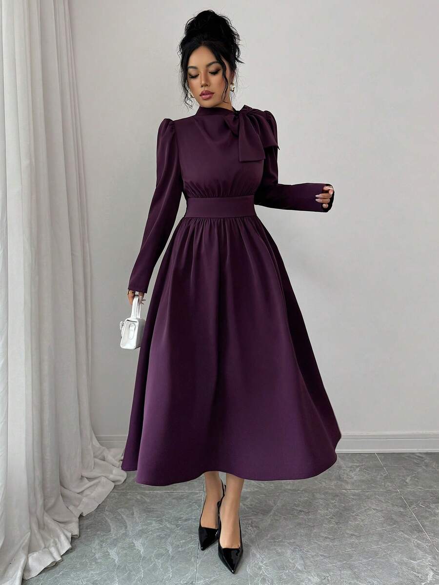 SHEIN Rafferiza فستان أرجواني بأكمام طويلة وياقة ربطة عنق وخصر مربوط