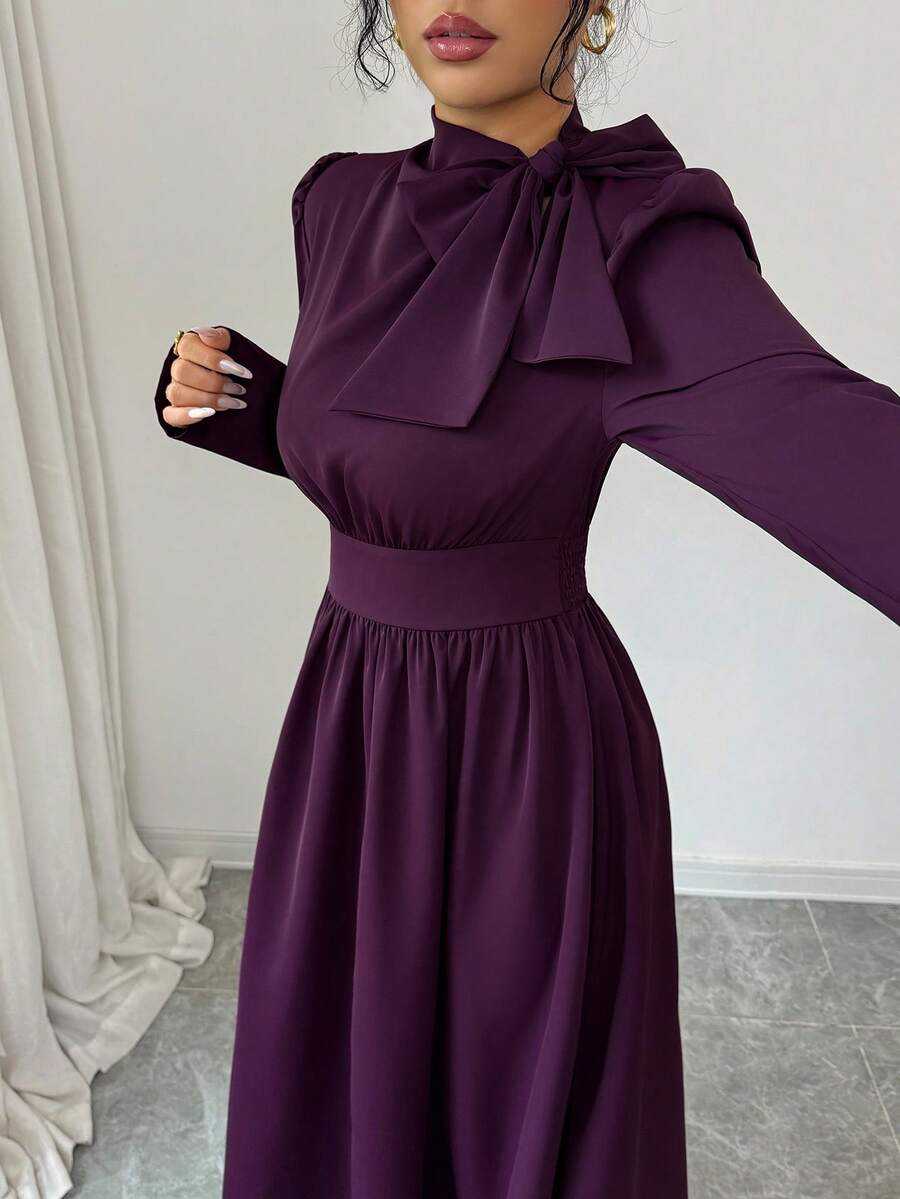 SHEIN Rafferiza فستان أرجواني بأكمام طويلة وياقة ربطة عنق وخصر مربوط