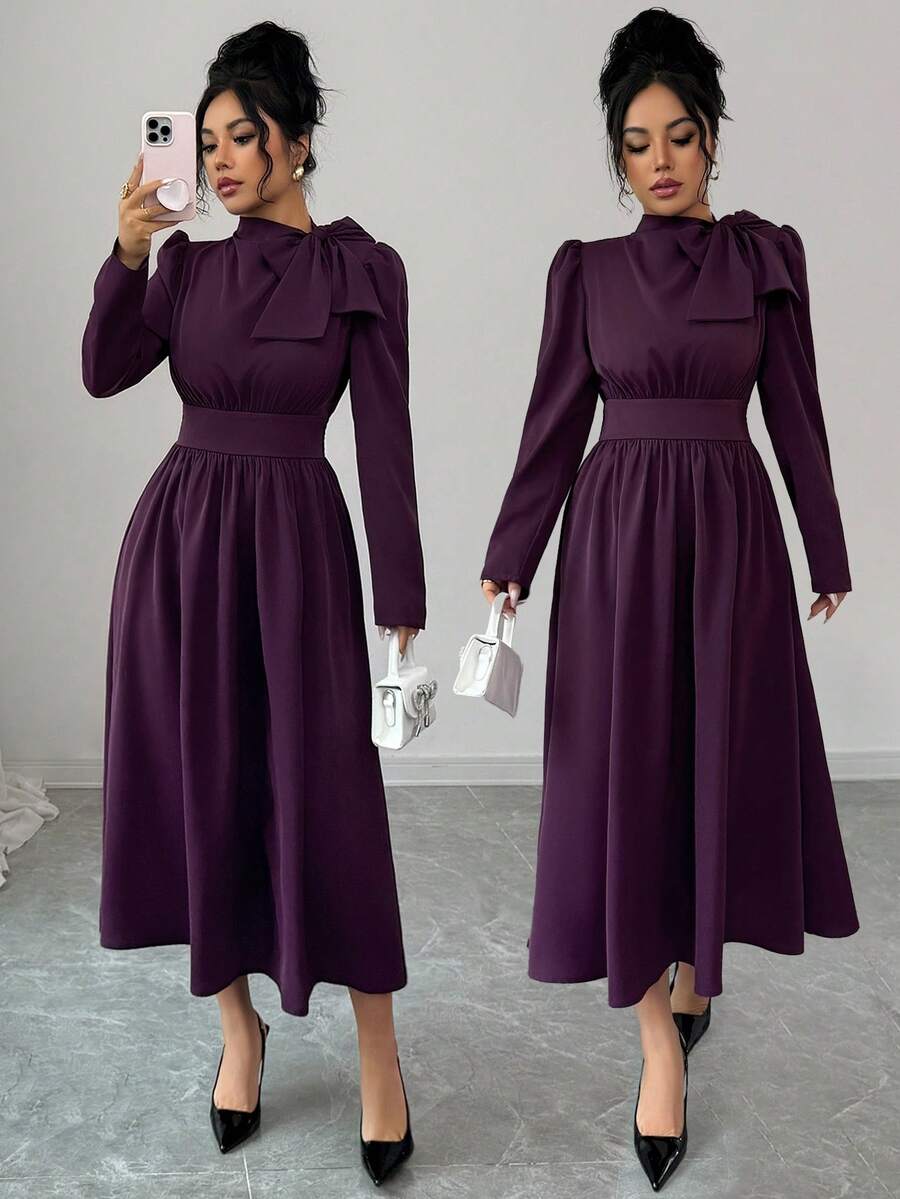 SHEIN Rafferiza فستان أرجواني بأكمام طويلة وياقة ربطة عنق وخصر مربوط