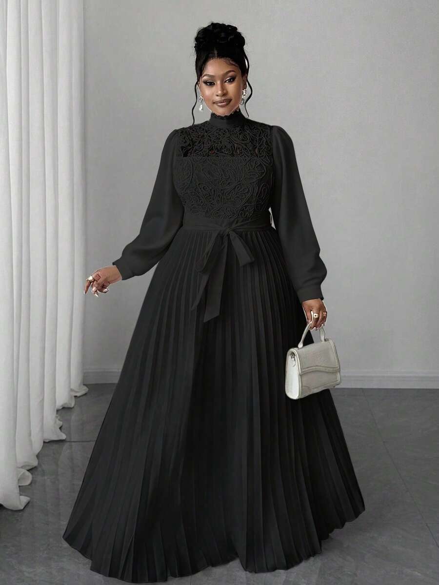 SHEIN Maweii فستان أسود طويل مزين برقع على الخصر للمقاسات الكبيرة