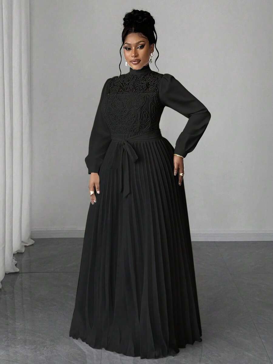 SHEIN Maweii فستان أسود طويل مزين برقع على الخصر للمقاسات الكبيرة