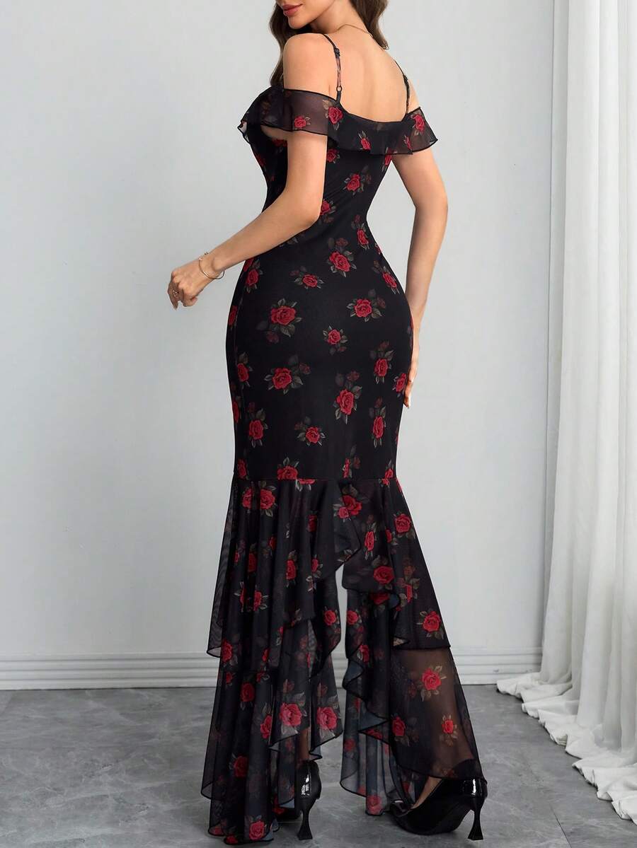 SHEIN فستان انزلاقي عتيق بطبعات زهرية وحافة غير متماثلة