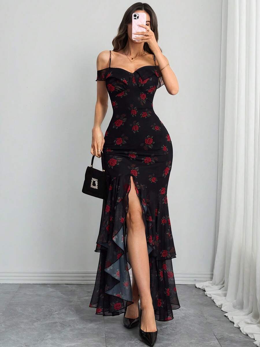 SHEIN فستان انزلاقي عتيق بطبعات زهرية وحافة غير متماثلة