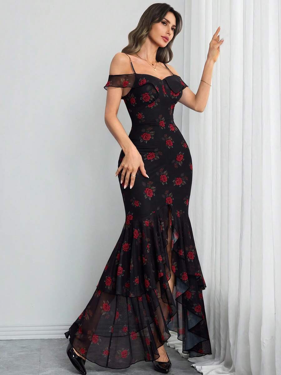 SHEIN فستان انزلاقي عتيق بطبعات زهرية وحافة غير متماثلة