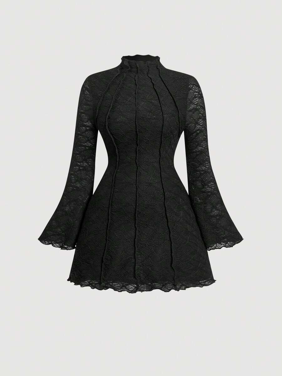 SHEIN MOD فستان أسود قصير بأكمام ناقصة وخياطة تباينية بيضاء