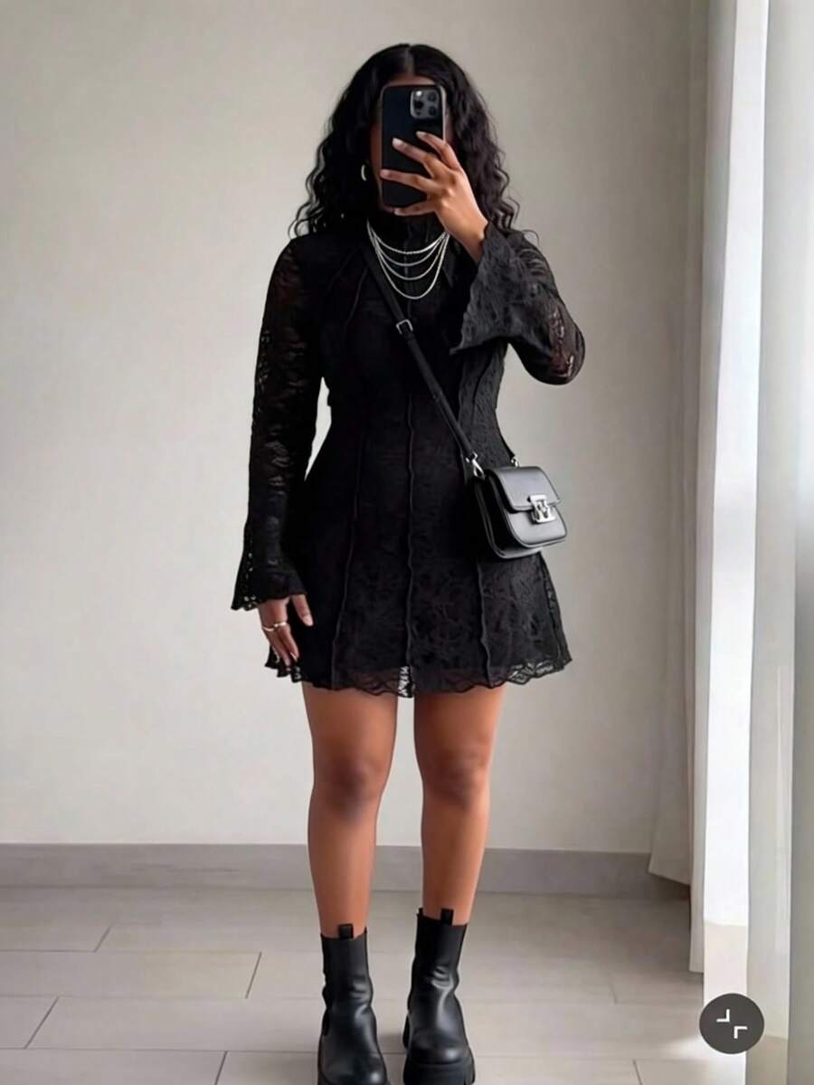 SHEIN MOD فستان أسود قصير بأكمام ناقصة وخياطة تباينية بيضاء
