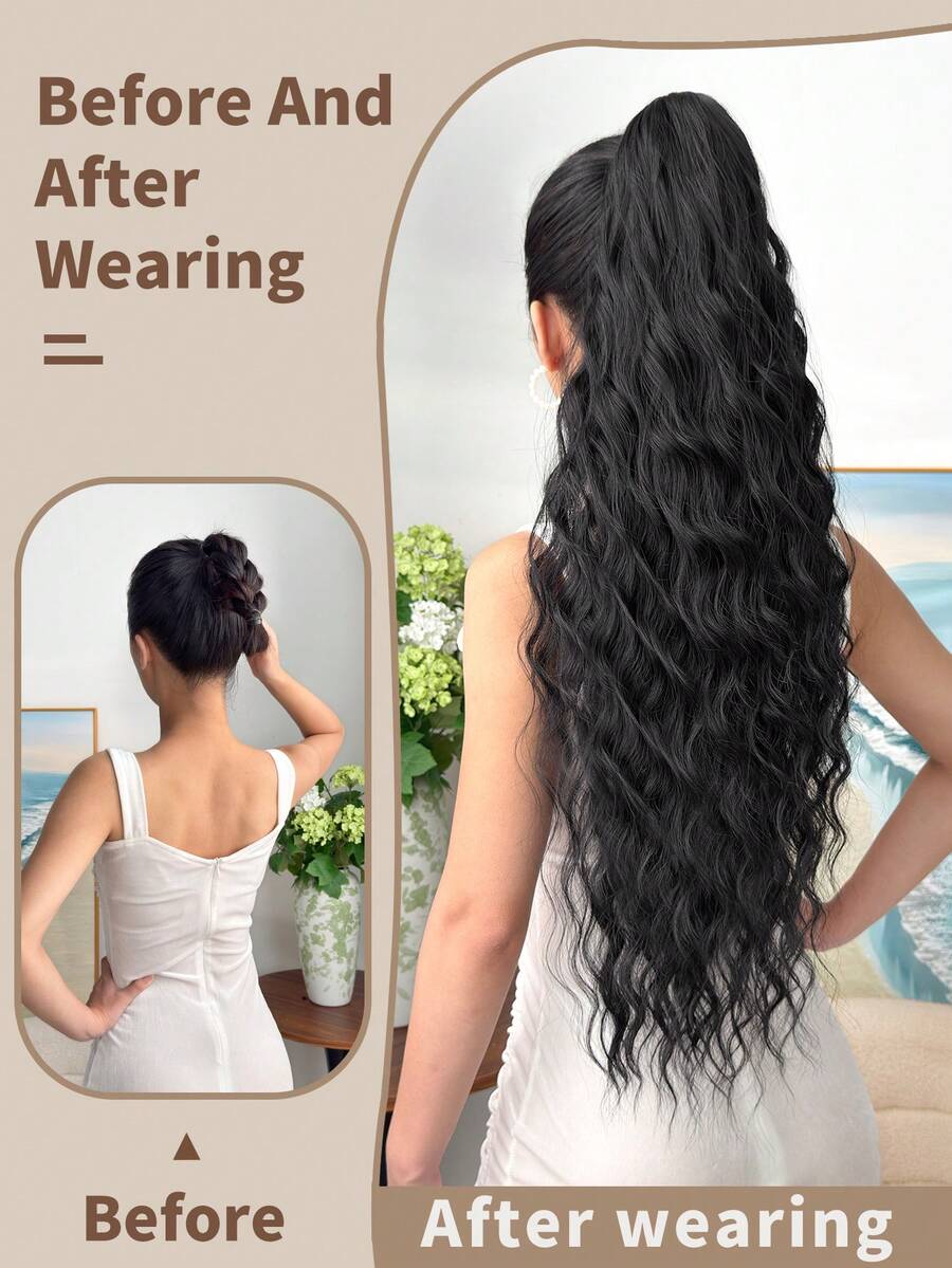 SHEIN باروكة شعر ذيل حصان مموج بلون أسود طبيعي
