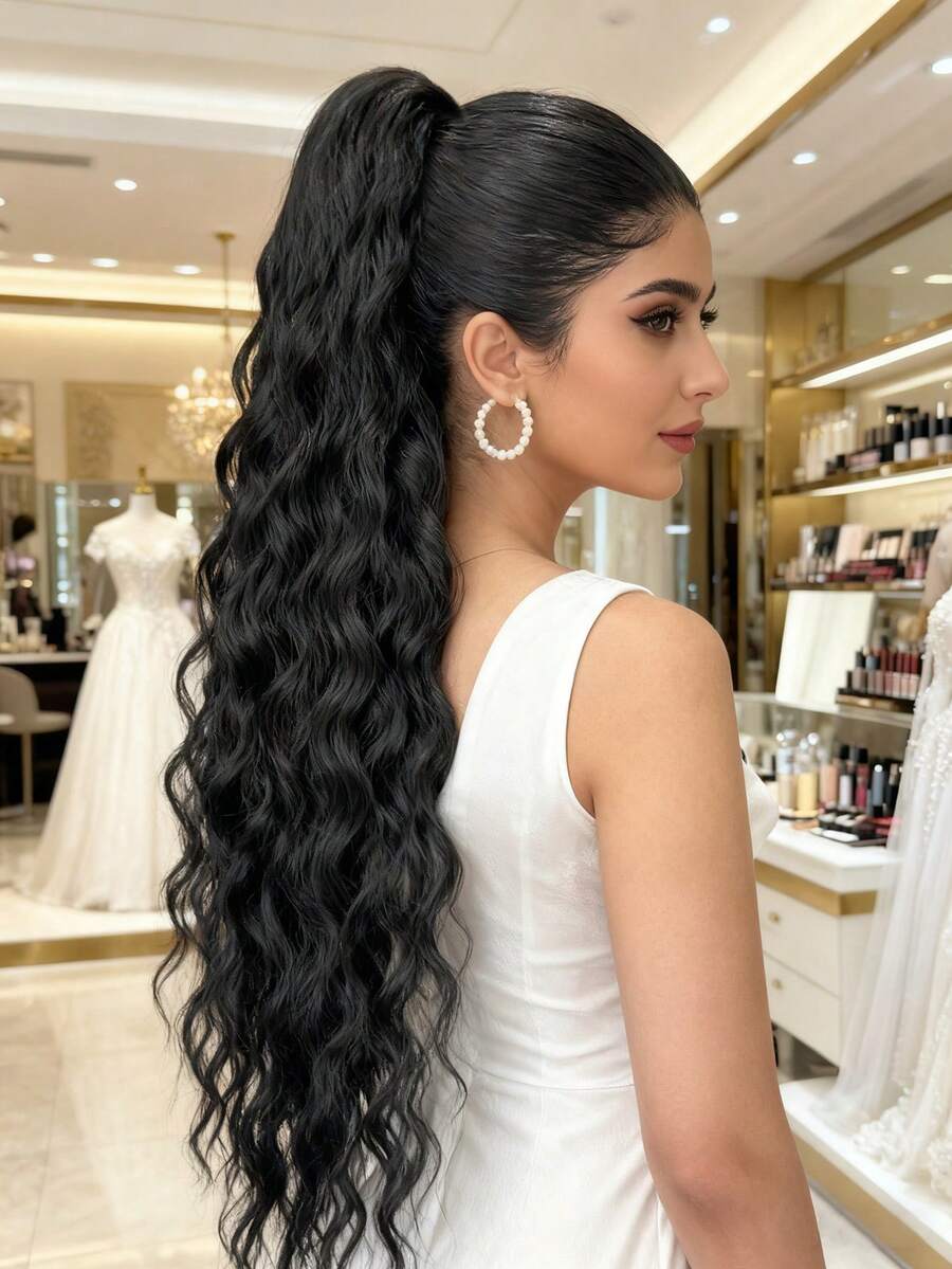 SHEIN باروكة شعر ذيل حصان مموج بلون أسود طبيعي