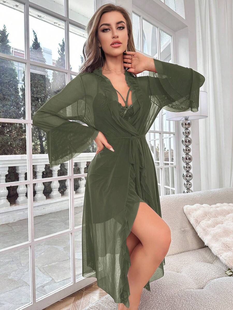 SHEIN Snug Zone فستان نوم بلون أخضر بحمالات رفيعة وروب