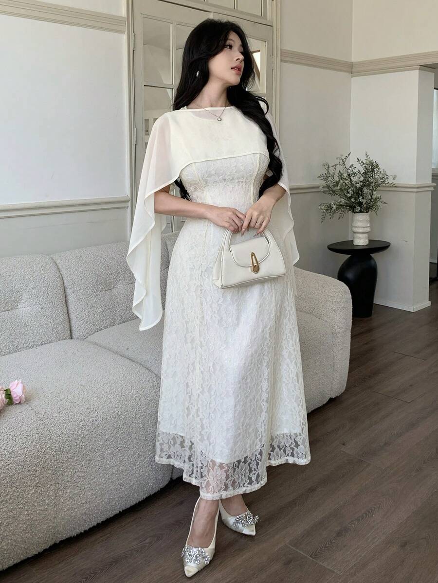 SHEIN فستان شيفون شفاف فرنسي عتيق أنيق ومنحف مع شال