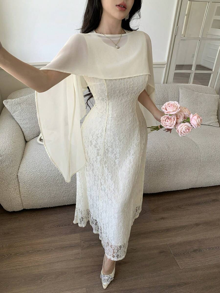 SHEIN فستان شيفون شفاف فرنسي عتيق أنيق ومنحف مع شال