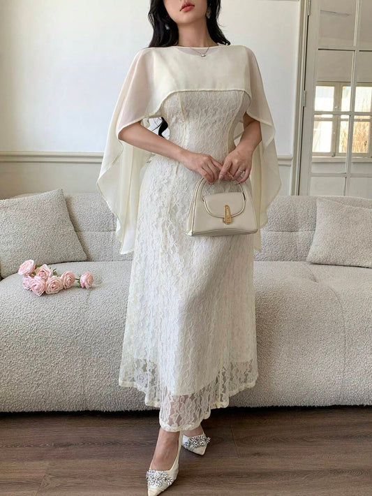 SHEIN فستان شيفون فرنسي عتيق أنيق ومنحف مع شال